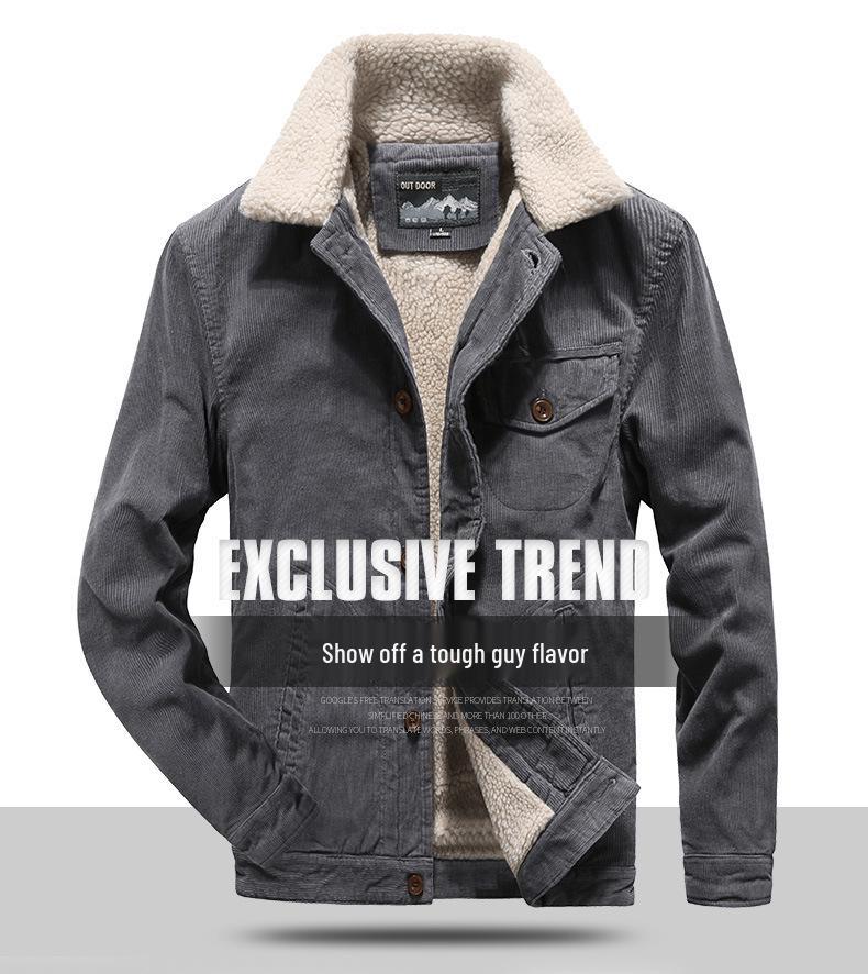 Men's Warm Corduroy Workwear Jacket, Plus Velvet Thickened, Winter Dad's Coat