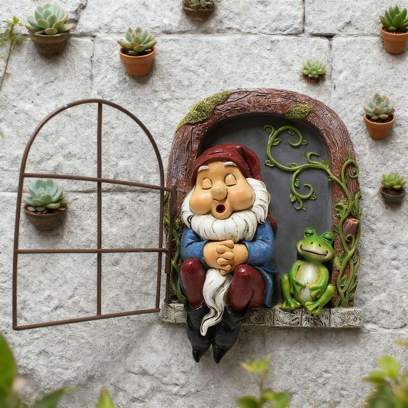 Schlafender Zwerg und Frosch Wandhänger, Kreative kleine Außen-Gartenstatuen, Baumhänger, Hängende Harzornamente
