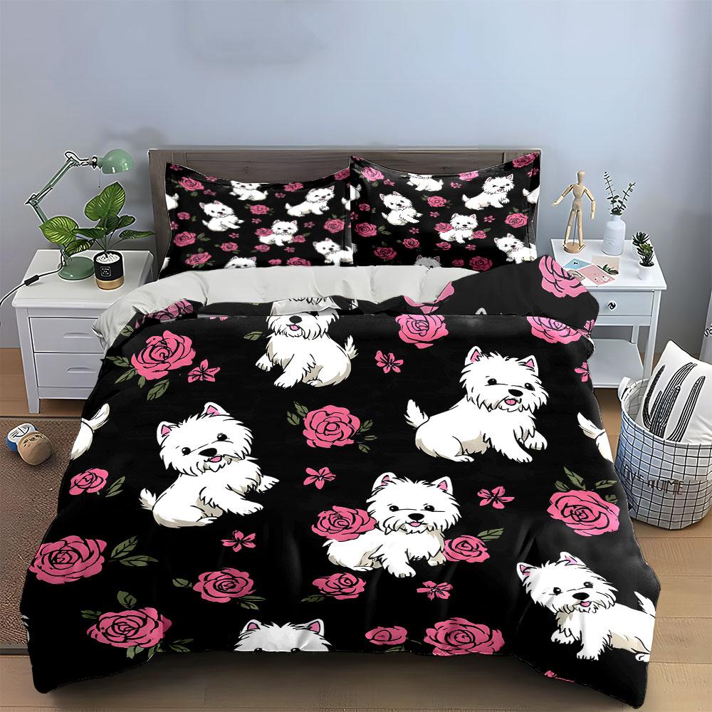 White dogs, pink roses. Bedding sets Duvet cover sets Duvet covers Pillowcases(1* Duvet Cover 2* Pillowcases without duvet insert)