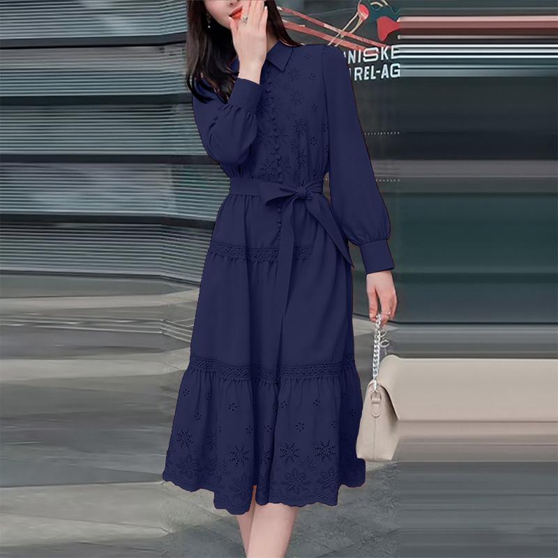 ZANZEA Lässiges Damen-Kleid mit Umlegekragen und langen Ärmeln