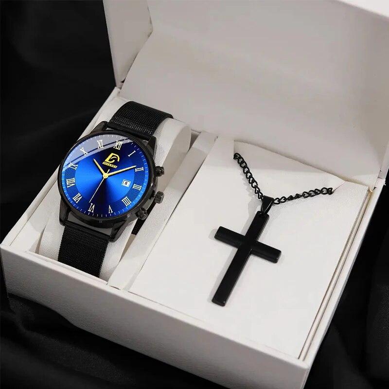 

2PCS Set Fashion Mens Calendar Watches Luxury Men Business Golden Mesh Belt Quartz Watch Male Necklace Wristwatch