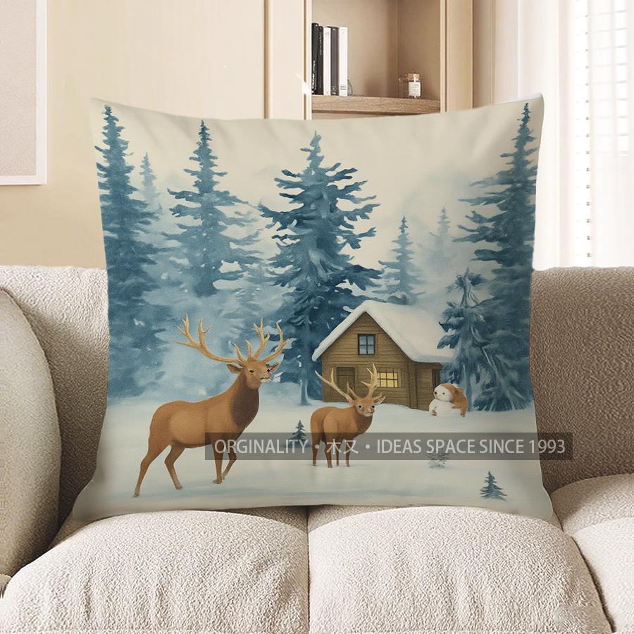 Home Decor Snowy Forest Deer & Cabin Decorative Pillow Pattern Cushion Cover Suitable for Sofa Bedroom Car Pillow Cover