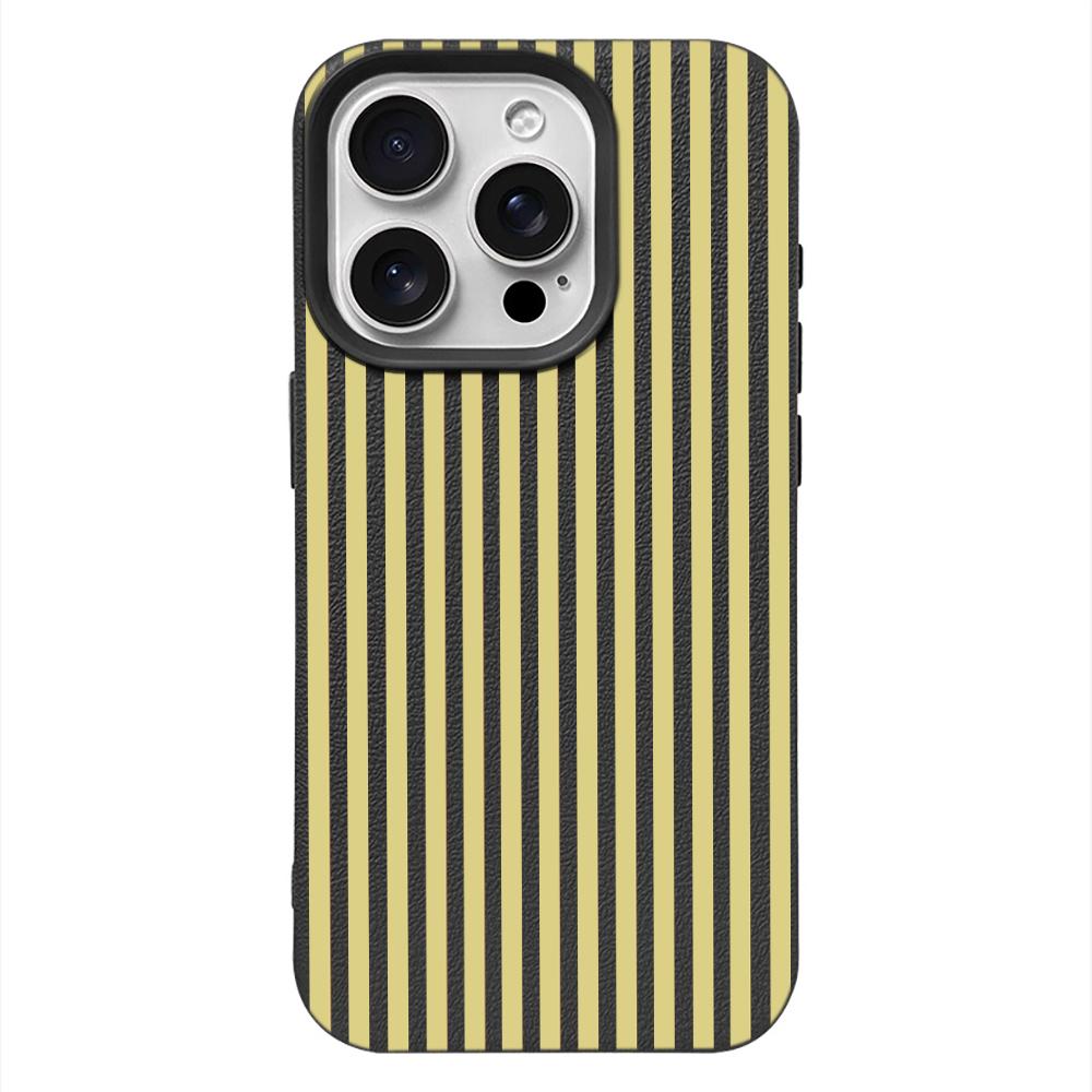 Yellow Black Stripe Lychee Texture Phone Case for iPhone 17 17E 16 15 14 13 12 11 Pro Max Shockproof Protective Cover