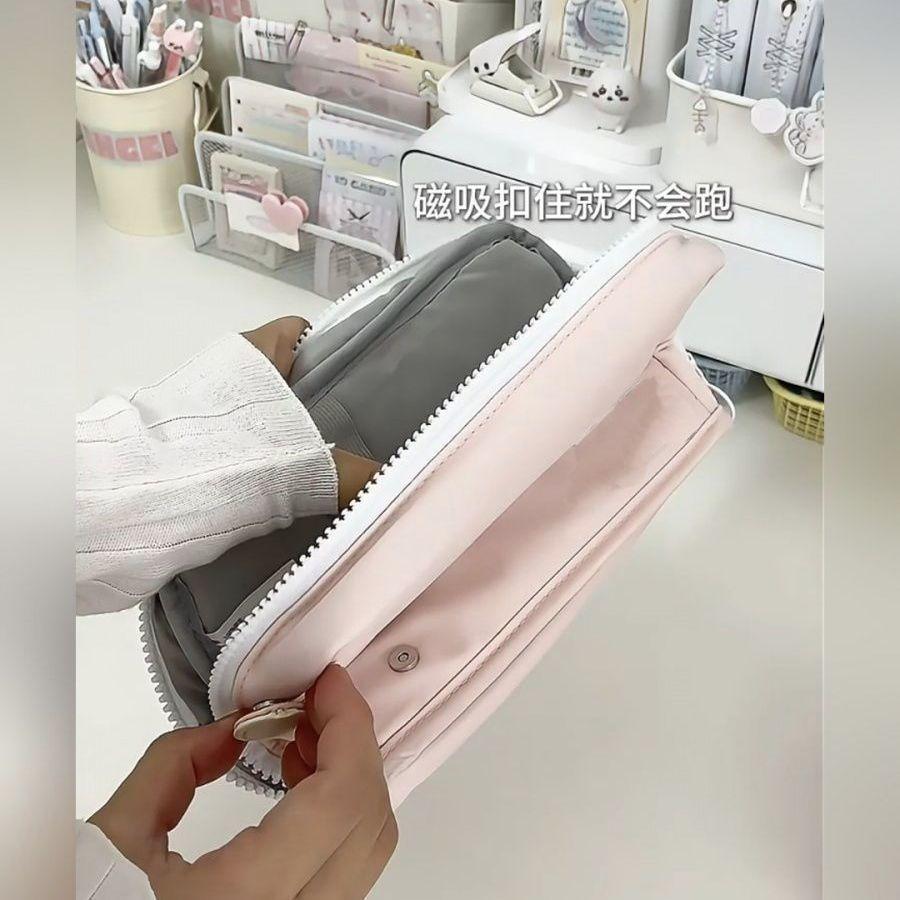Niche Style Ins Simple Pink Folding Large-capacity Pencil Bag Multi-layer Student Stationery Storage Bag Pencil Case