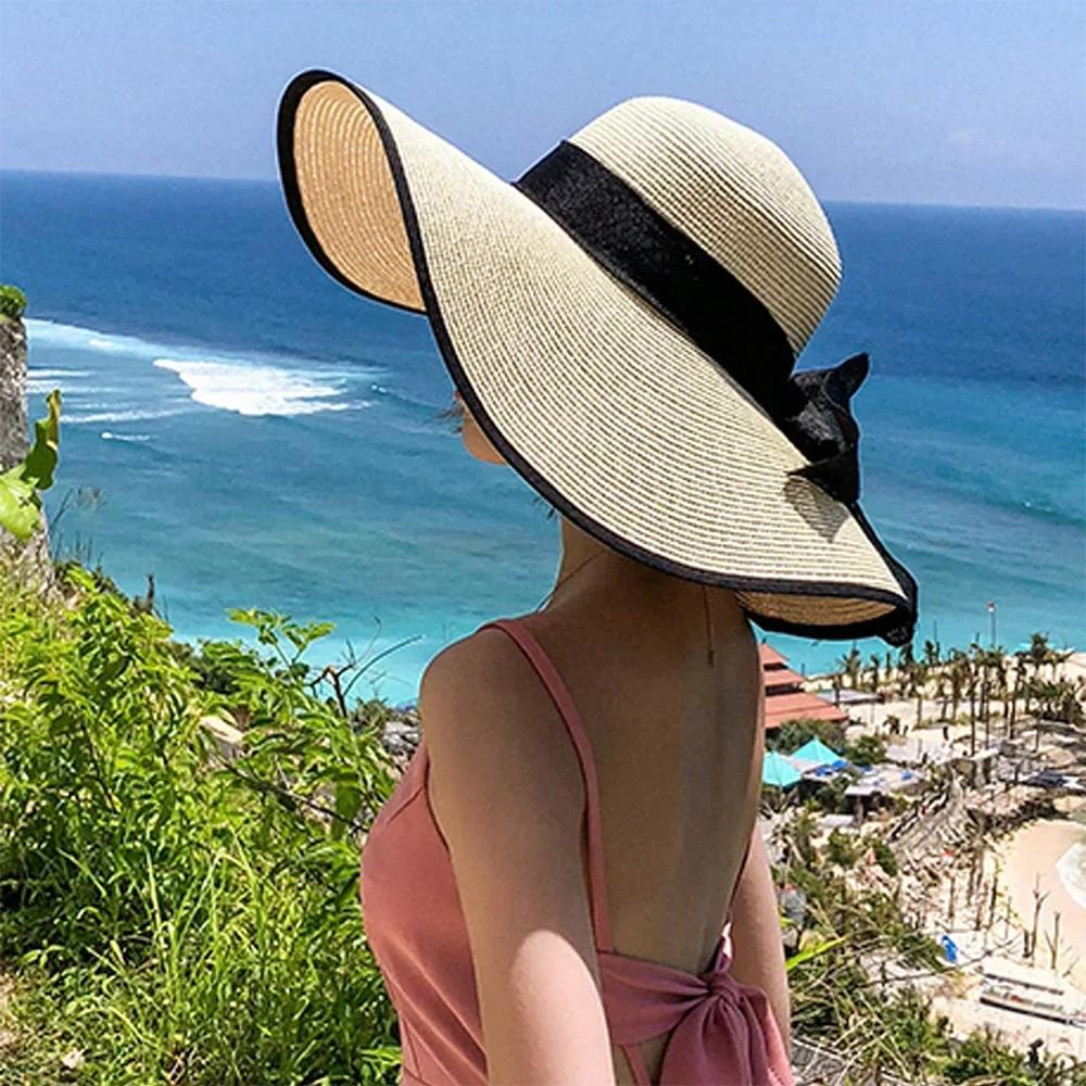 1Pc Women's Seaside Bow Beach Hat Oversize Straw Hat Women's Summer Sun Block Big Brim Hat Suitable For Sun Protection