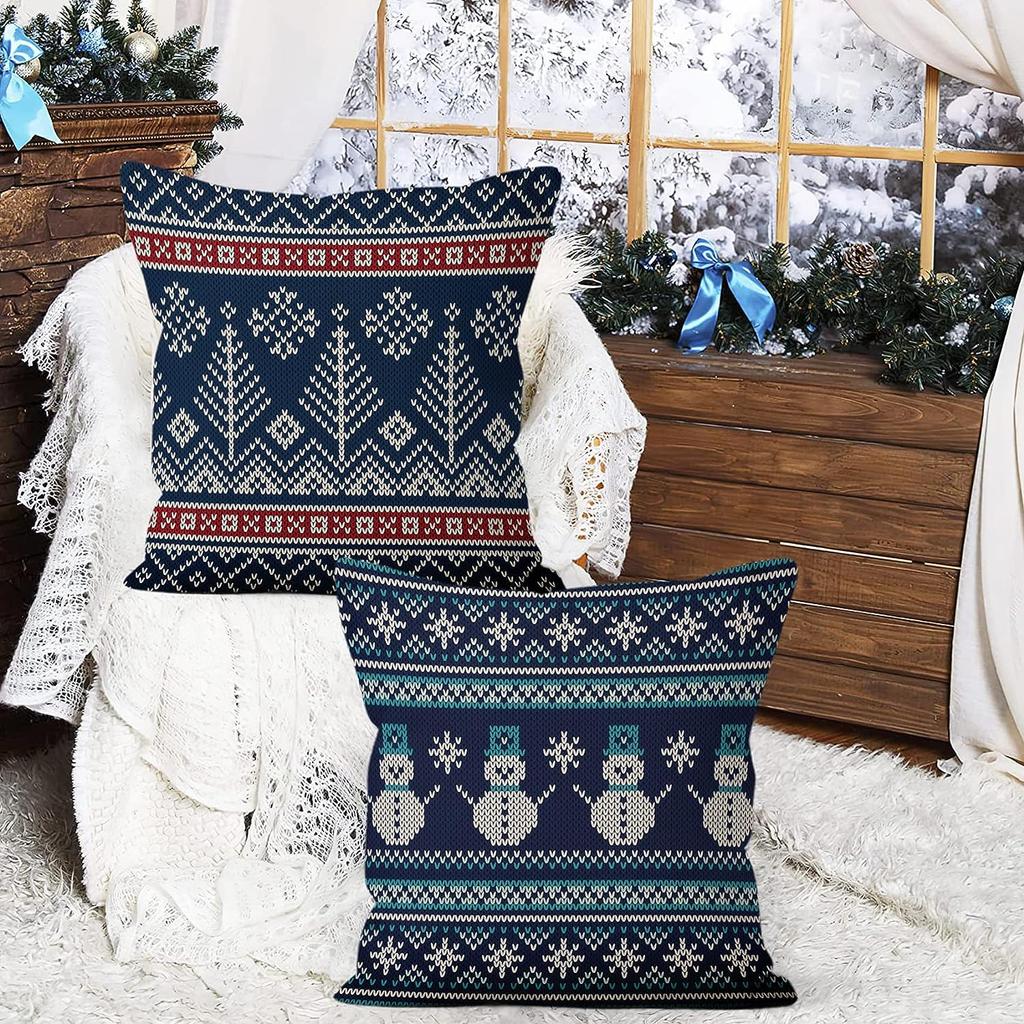 Winter Snowflake Pillowcase 45X45 Pillowcase Navy Blue Christmas Decorations Snowman Throw Pillowcase Cushion Outdoor Courtyard
