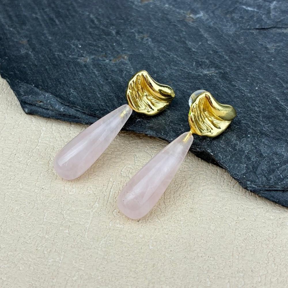 Natural Crystal Teardrop Drop Earrings Gold Plated Dangle Studs for Women Healing Stone Jewelry for Daily Wear