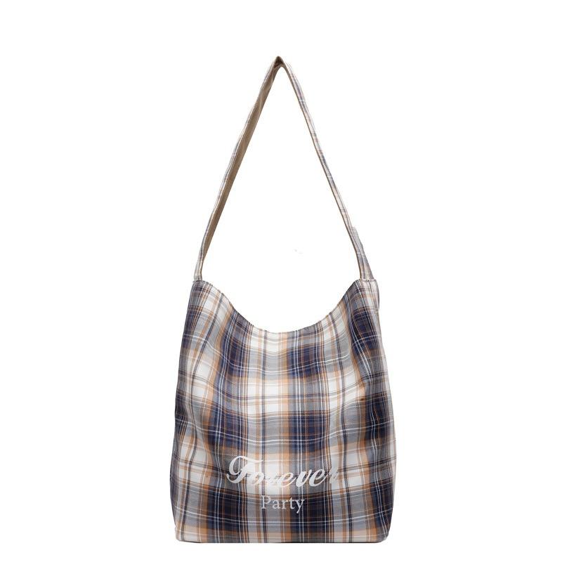 Large-capacity bag women's new autumn and winter college style plaid shoulder bag double-sided class commuter bag