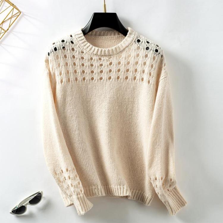 

Autumn Vintage Cardigan Winter Long Sleeve Solid Color Knitwear Sweater O Neck Top Loose S абрикосовый