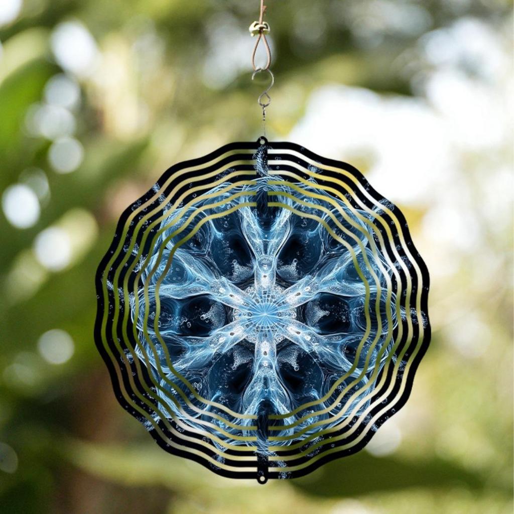 2D Metal Wind Spinner Ornament for Garden Decor Intricate Blue and Golden Design Indoor Outdoor Holiday Gift for All Occasions
