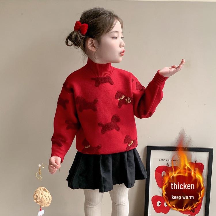 Girls' 2025 Red Cartoon Knit Sweater - Cozy & Stylish Autumn/Winter Top
