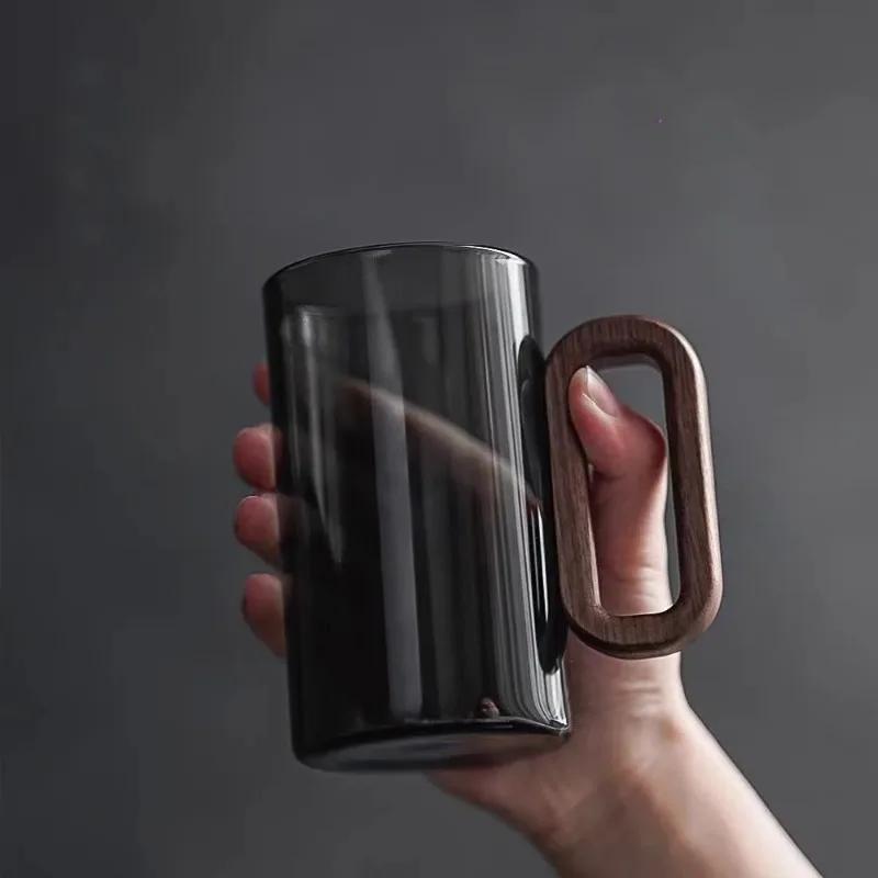 Household High Borosilicate Glass Water Cup Living Room Cigarette Ash Colored Wooden Handle Cup Walnut Empty Vertical Tea Cup