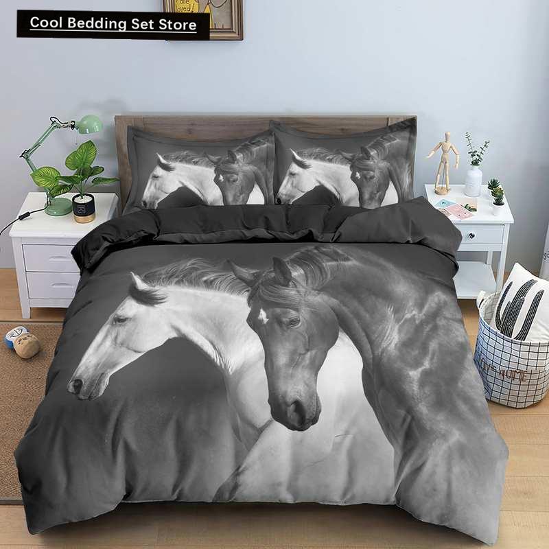 3D Horse Printing Duvet Cover Animal Bedding Set Twin Full Double Queen King Size for Kids Men Black Soft Quilt Cover Pillowcase