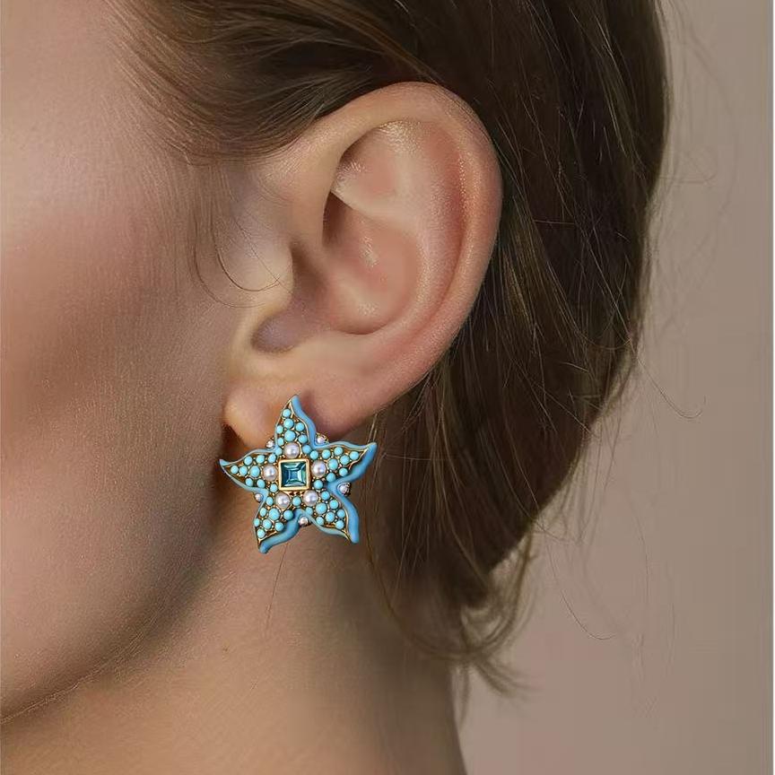 Medieval Blue Starfish Earrings French Romantic Vintage Pearl Imitation Turquoise Studded