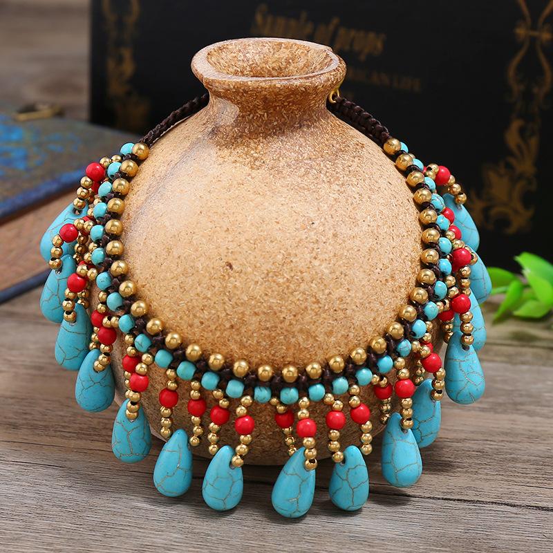 

Богемное ожерелье Женская ключичная цепочка Синий и красный бирюзовый кисточка Короткий чокер Браслет Праздничный набор