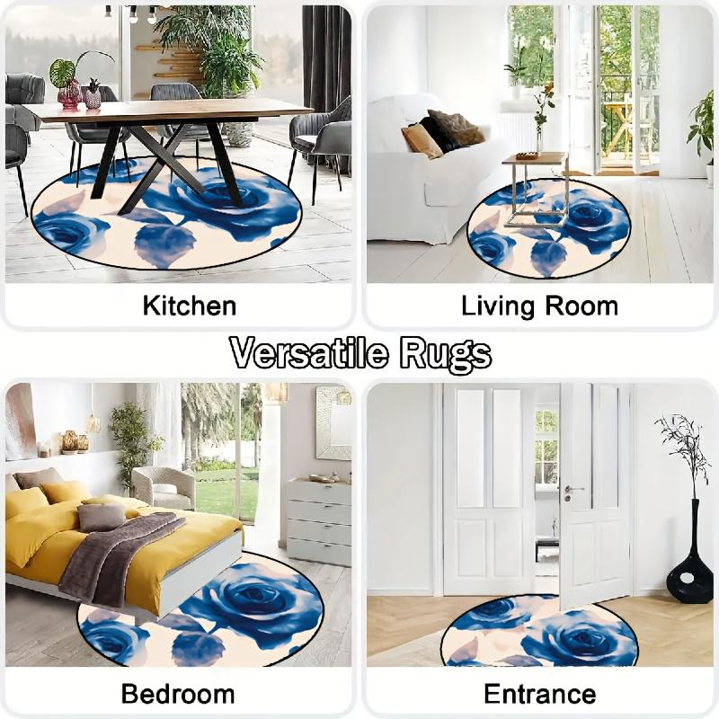 Luxury  Blue Rose Pattern Round Shape Floor Mats Kitchen Hallway Runner Rug Bedroom Living Room Soft Carpet Non-slip Area Rug