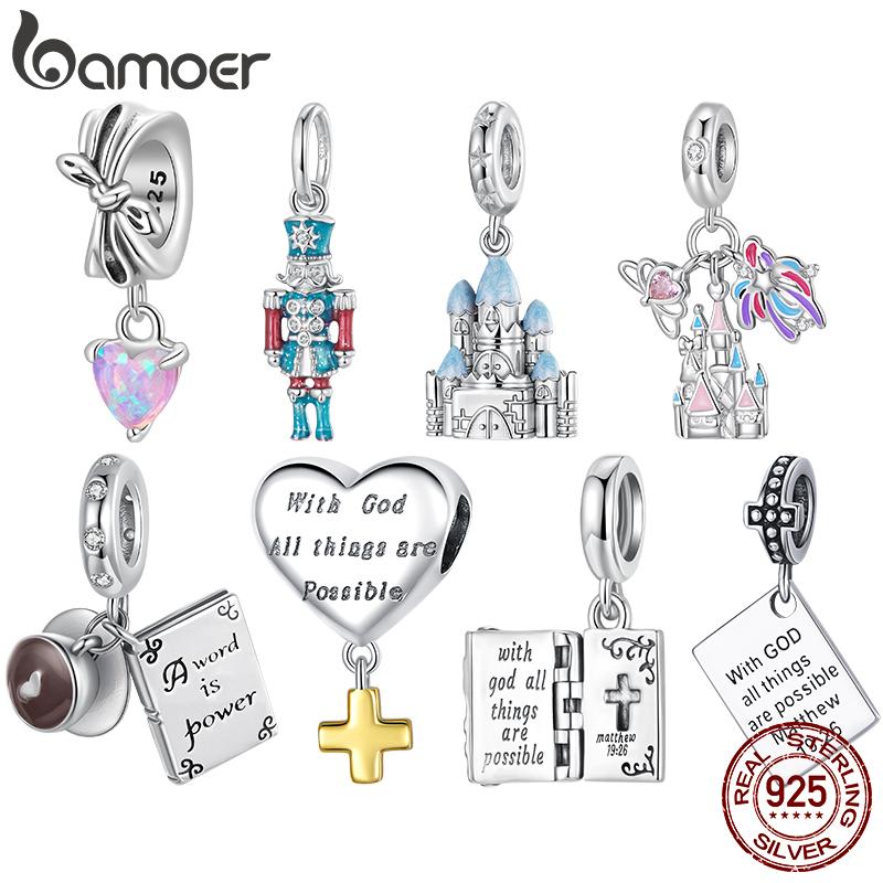 BAMOER 925 Sterling Silver Romantic Castles Pendant Pink Bow Spacer Beads Cross Faith Charm for Necklace DIY Jewelry Accessories