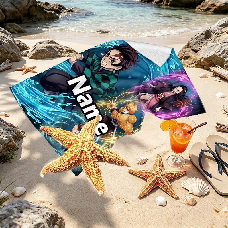 Custom Name Personalized Demon Slayer Print Beach Towel, for Trip Camping Beach Party Home Decor, Birthday Gift for Family & Friends