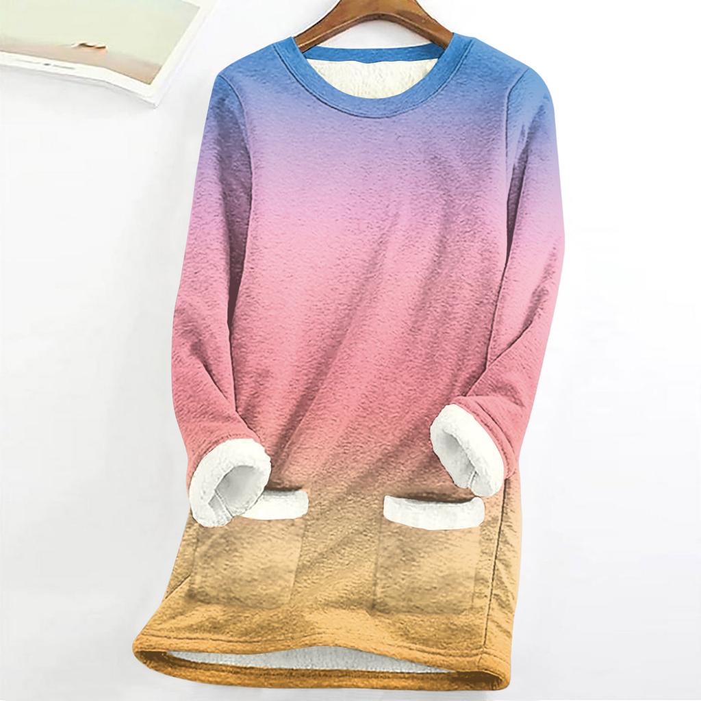 Dámský top s kulatým výstřihem s potiskem, zahuštěný plyšový kašmírový hřejivý dlouhý top