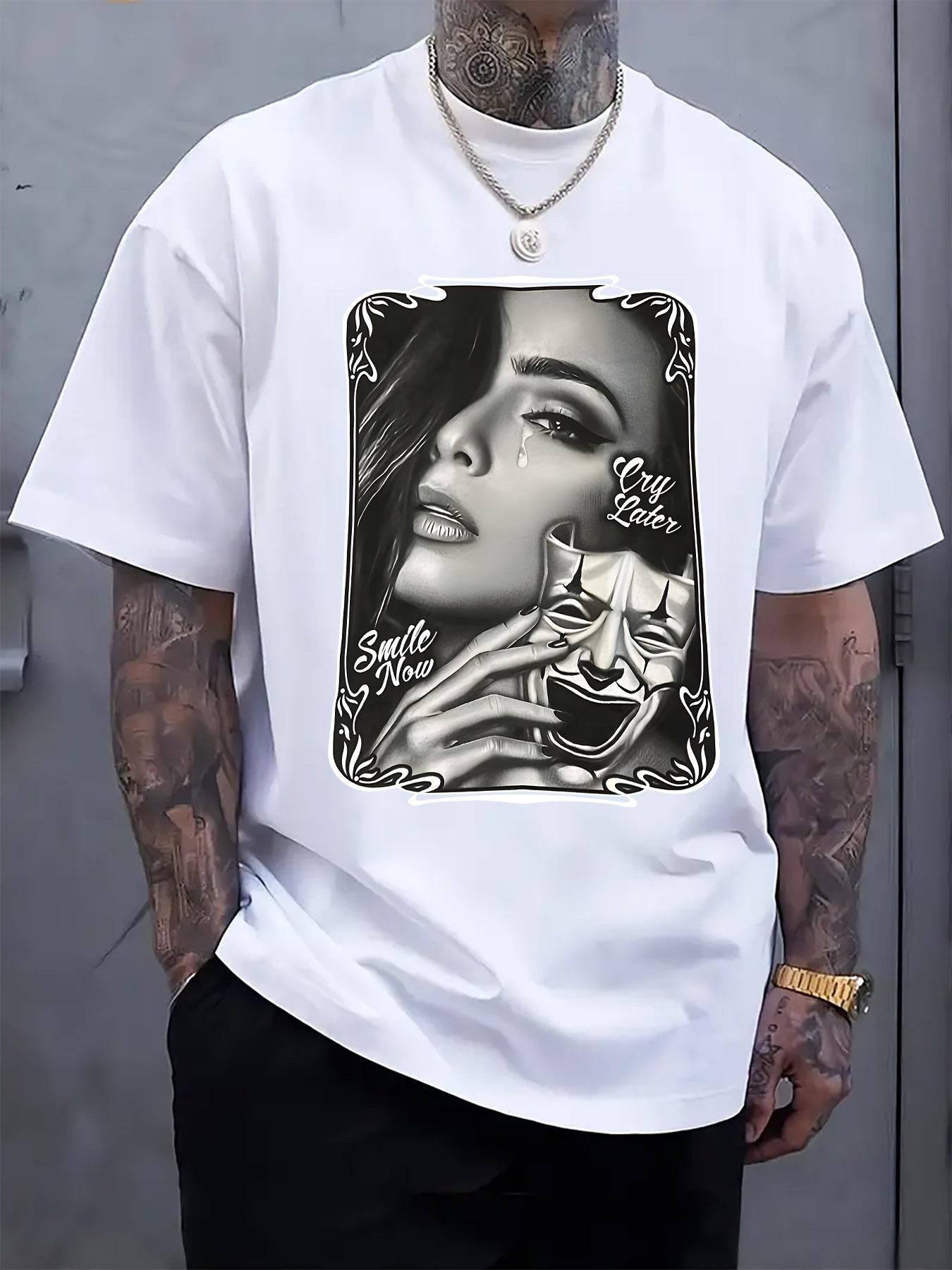 

Black Graphic Print T-shirt - Casual Crew Neck Short Sleeve Tee with Artistic Mask Design for Summer Vacation XXL