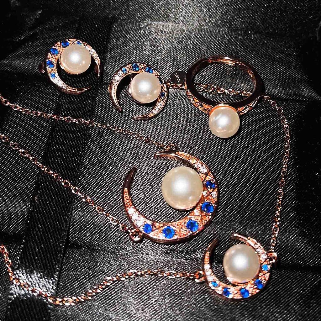 Niche Design Style Necklace Creative Moon Pearl Pendant, Star And Moon Earrings Pearl Ring Bracelet Set For Women