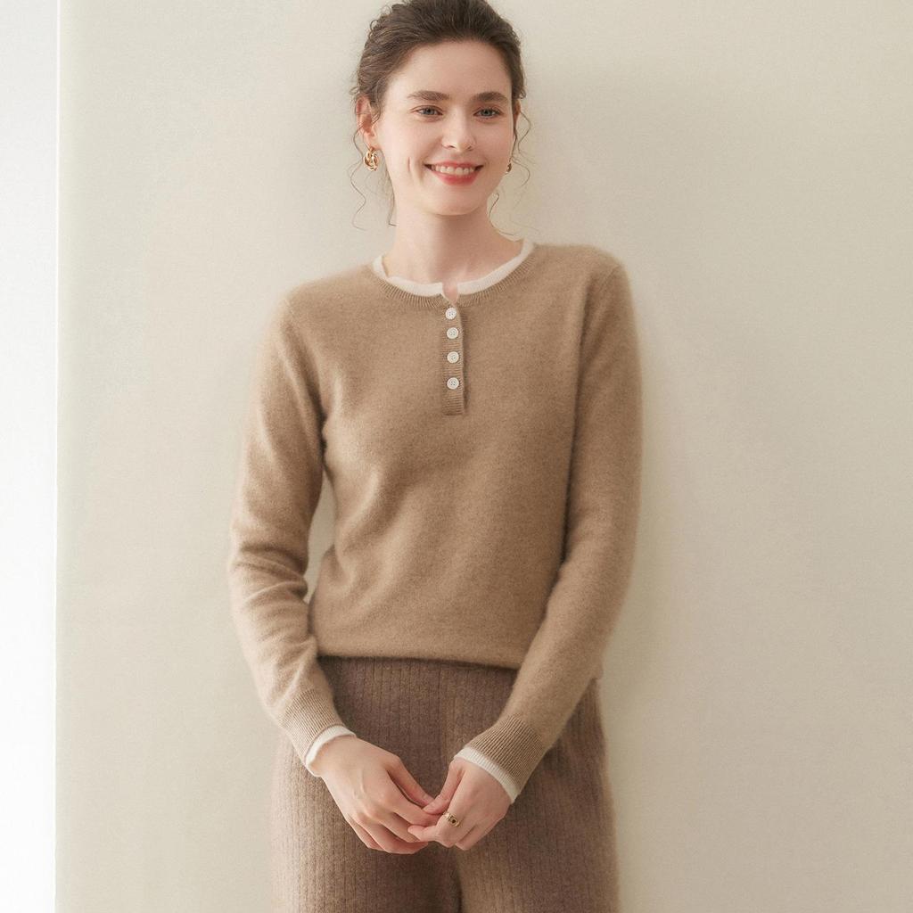 Autumn/Winter 2025 Women's Cashmere Sweater: Round Neck, Button-Up, Loose Fit, Color Block Long Sleeve Knit