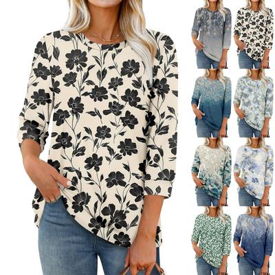 Women's Fashion Casual Round Neck 3/4 Sleeve Loose Printed T-Shirt Ladies Top