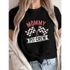 European Sizes Mommy Pit Crew Checkered Flags Print T-shirt, Short Sleeve Crew Neck Casual Top for Summer & Spring, Women's Clothing