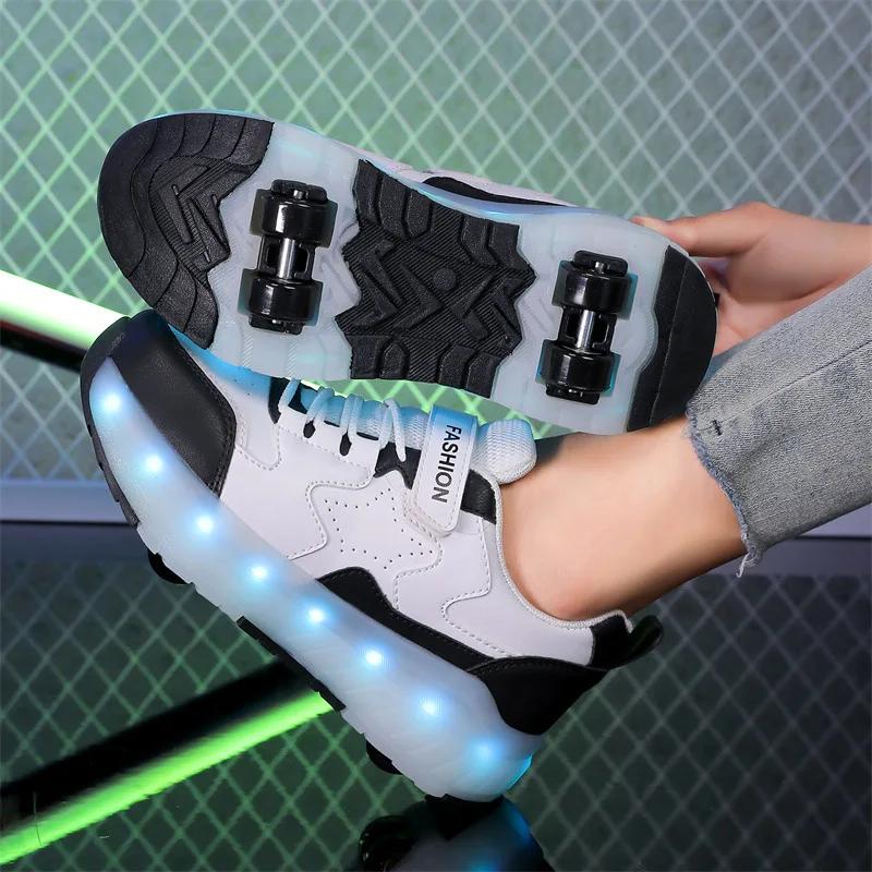 NEW Children's Roller Skating Shoes 4 Wheel LED Skating Shoes 2 in 1 Removable Pulley Skate Skating Parkour Sneaker with Wheels