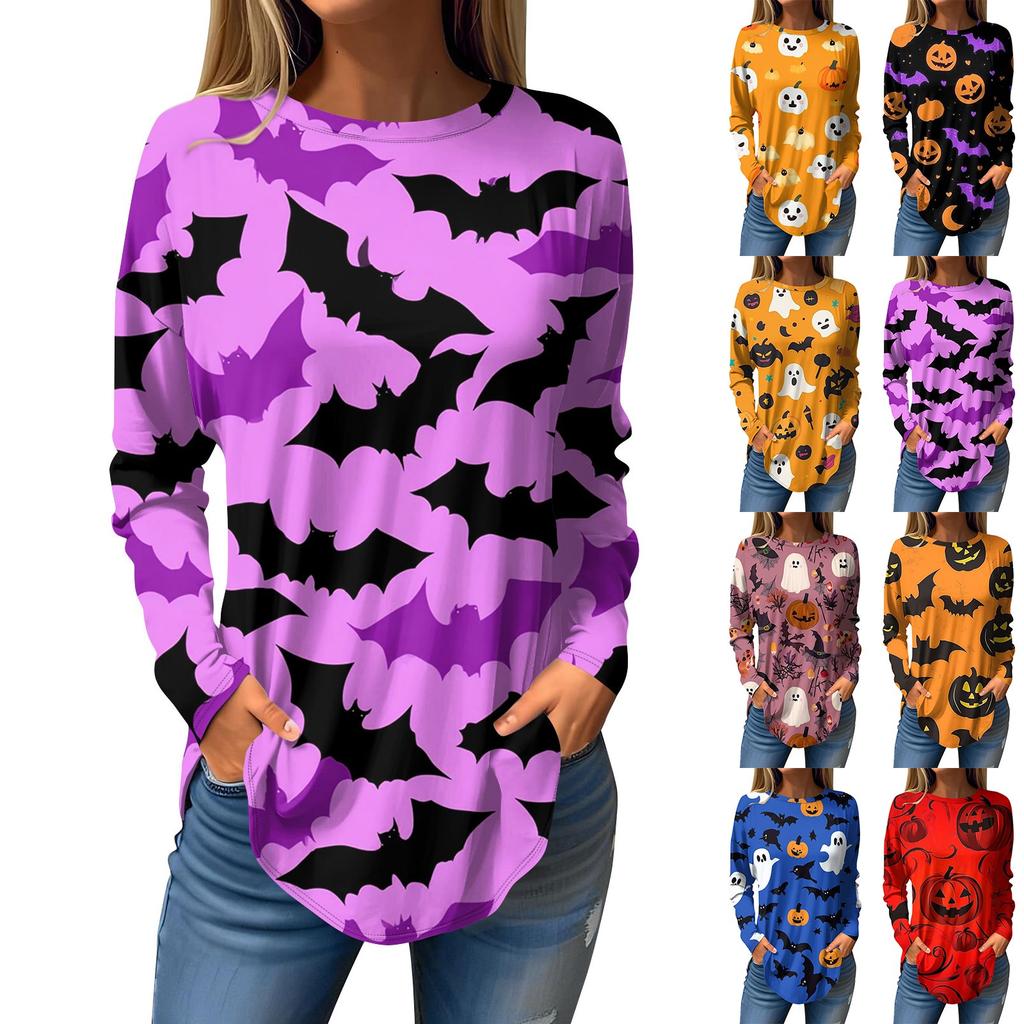 Moda para Mujer Suelto Cuello Redondo Halloween Estampado Manga Larga Camiseta Top Jersey