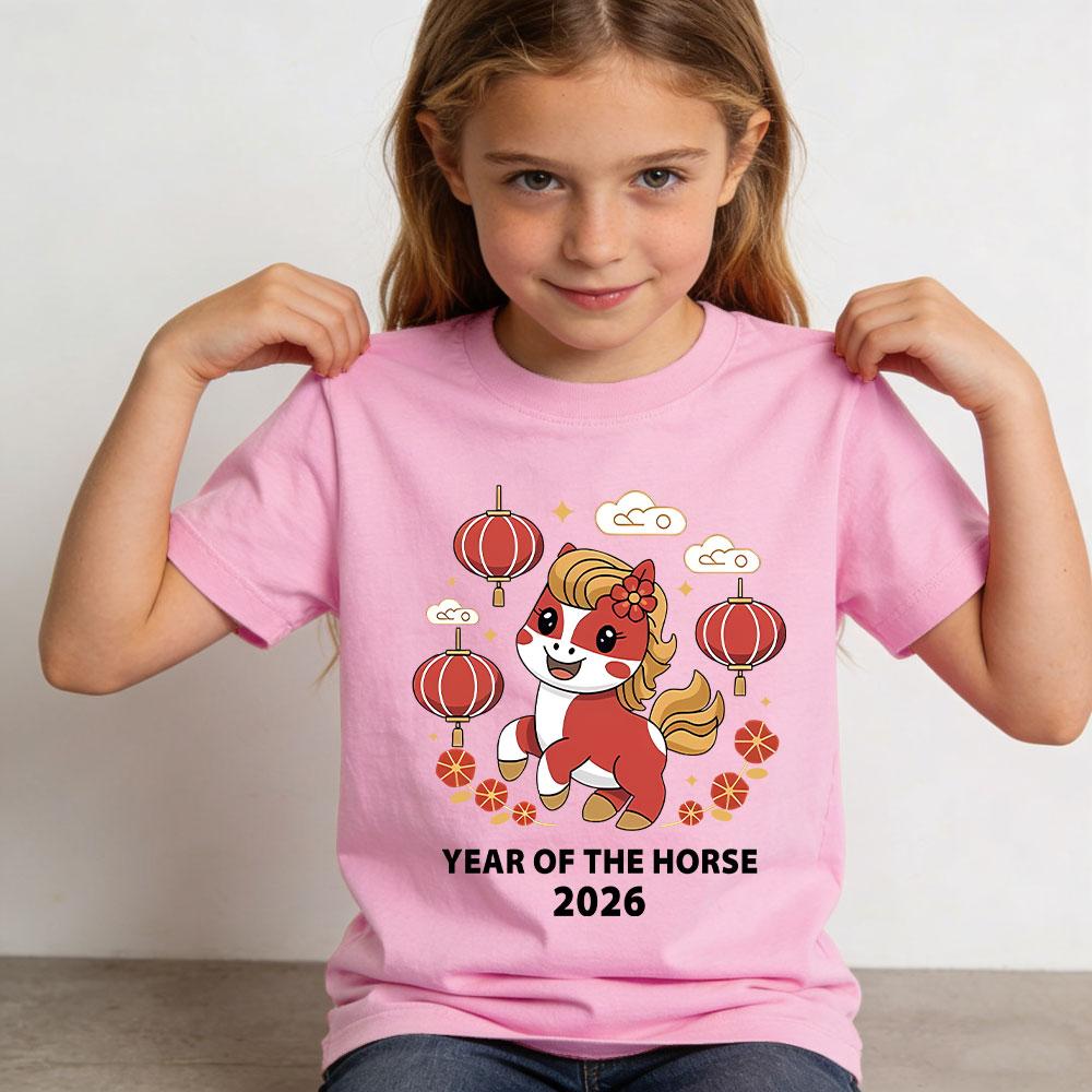 Year of The Horse 2026 Children Tshirt Happy Chinese New Year 2026 Shirt Chinese Zodiac Horse Cute Printed Boys Girls Tshirt