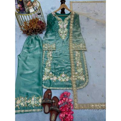 Neuer Designer Party Wear Look Top Plazzo & Dupatta Set