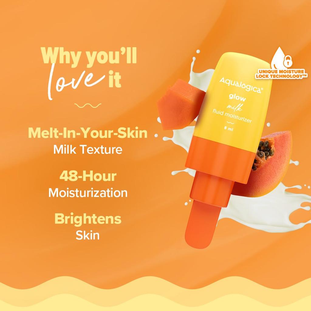 Aqualogica Glow+ Milk Fluid Moisturizer Lotion 8ml Pack of 1 | Lightweight Hydrating Face Cream for Bright Skin