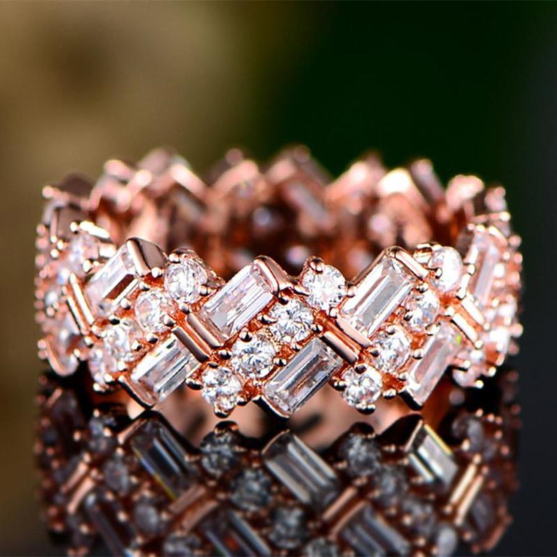Huitan New Design Round Rectangular Stone Oblique Arrangement Women Ring Fashion Wedding Engage Party Simple Ring High Quality
