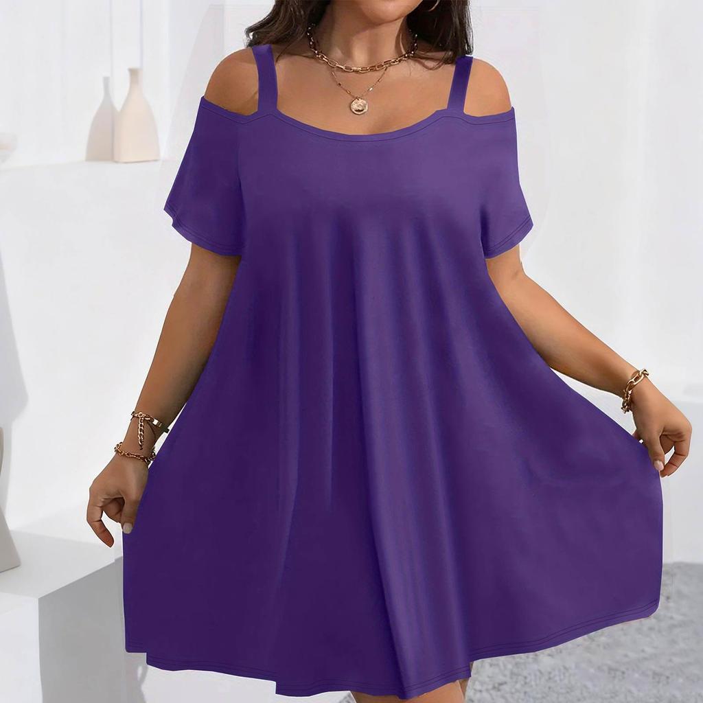 Women's Summer Fashion -Color Off-the-Shoulder Short-Sleeve Plus-Size Dress