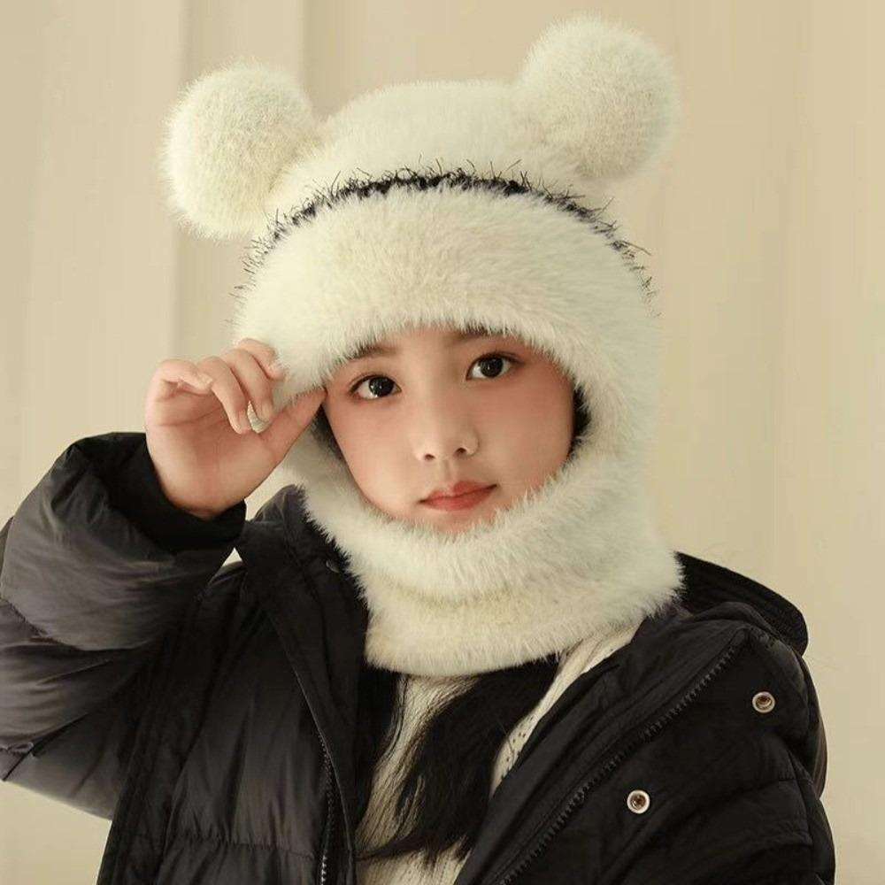 

Windproof Scarf Mask Integrated Hat Pompom Hooded Hat New Ear Protection Hat Kids білий