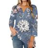 Women's Fashion Casual Floral Print V-Neck Decorative Button Three-quarter Sleeve T-Shirt Top