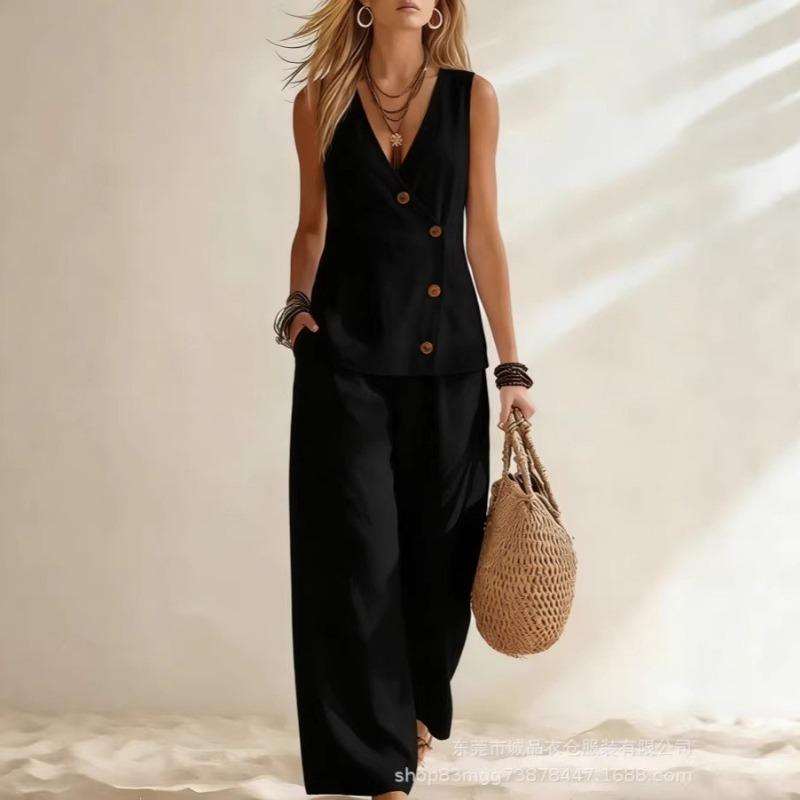Women Casual Solid Color Button Sleeveless Vest Long Pants Vacation Two Piece Set