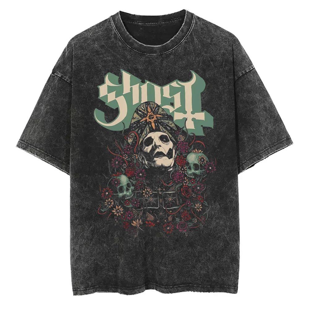 Washed Vintage Ghost Band T-shirt Men's Women's Summer Oversized Tshirt Male 90s Gothic Streetwear Men Women Rock Metal Music T Shirts