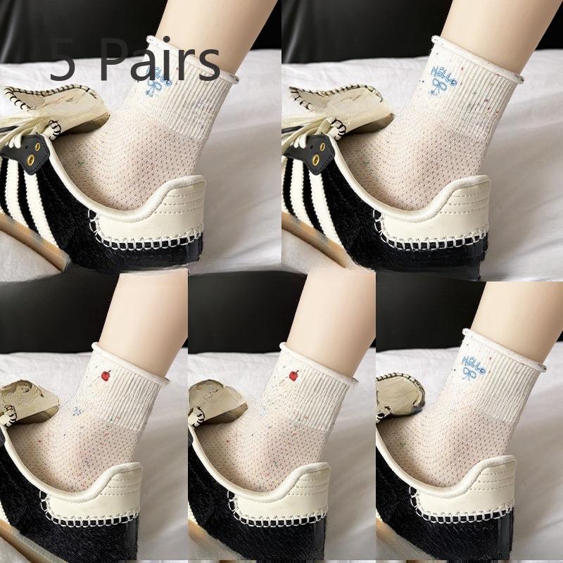 

5 пар женских летних носков-балеток с вышивкой в виде бантика, дышащая сетка, бесшовные, короткие 5 Pairs