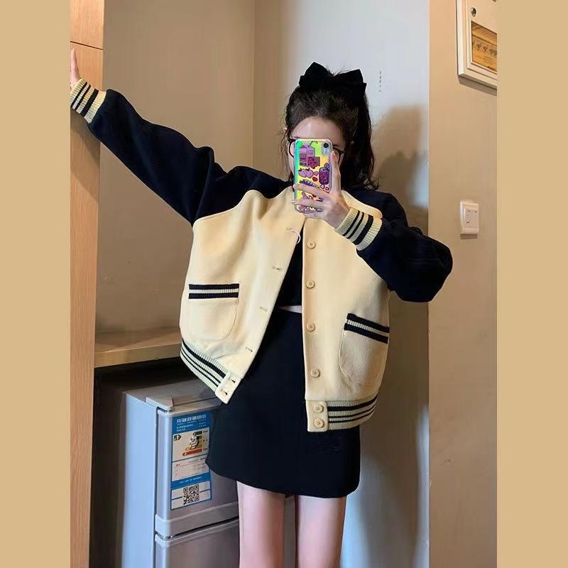 Women's Color Block Varsity Baseball Jacket 2026 Spring Autumn Thin Retro American Oversized Long Sleeve Bomber Coat For Petite Ladies