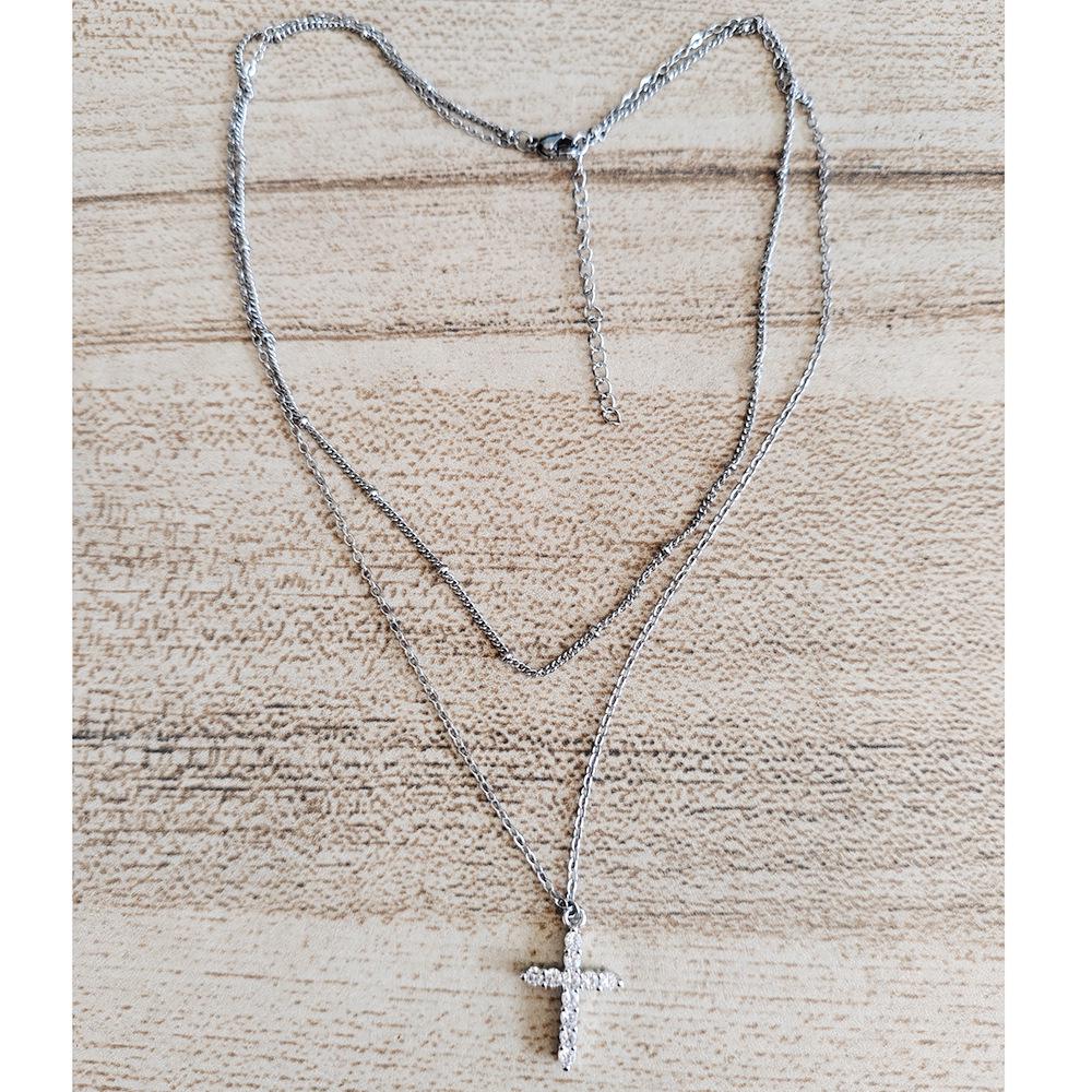 18K Gold Vacuum-Plated Double-Layer Stainless Steel Choker with Zircon Cross for Women