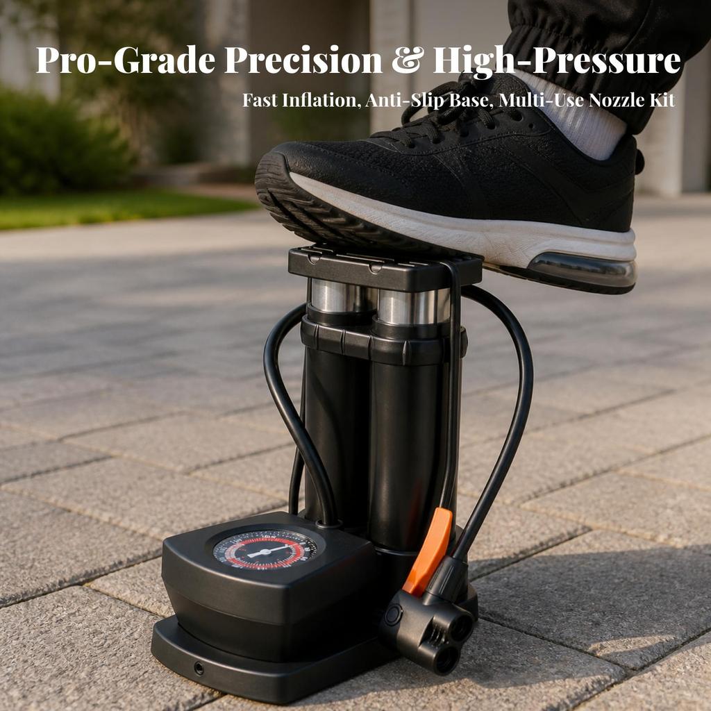 Compact Bike Foot Pump | Wide Non-Slip Pedal, Double Cylinder Pump,