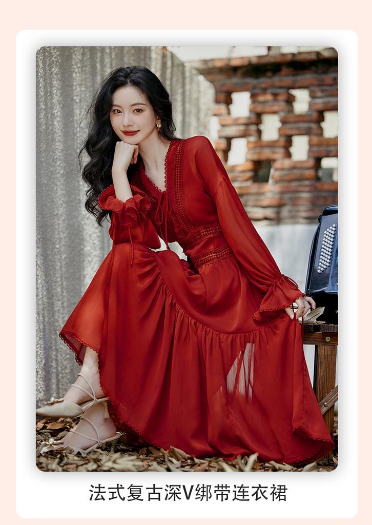 Bohemian red long-sleeved dress summer new seaside vacation desert beach pinched waist long skirt