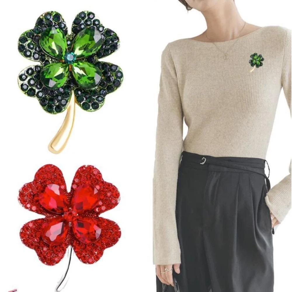 Green Red Crystal Rhinestone Four-Leaf Clover Flower Brooches Lapel Pins Jewelry Clothing Accessories Brooch for Women