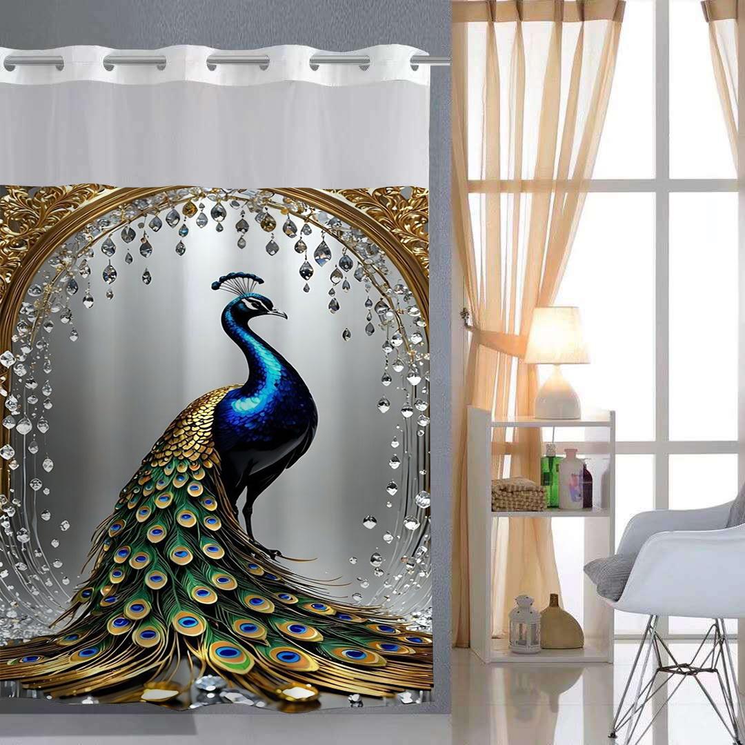 

No Hook Elegant Peacock Shower Curtain With Snap-In Fabric Liner, Sheer Top Window, Waterproof Double Layer Bathtub Curtain W60H190(CM)-1 Pcs