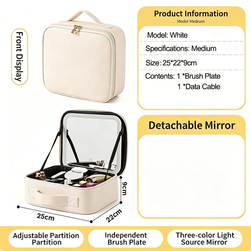 Portable LED Light Cosmetic Makeup Case with Mirror Large Capacity for Travel Daily Routine Storage белый