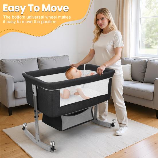 Culla da comodino multifunzione 3 in 1 con cesto portaoggetti, Culla per neonati regolabile in altezza su 6 livelli con zanzariera, Convertibile portatile per neonati