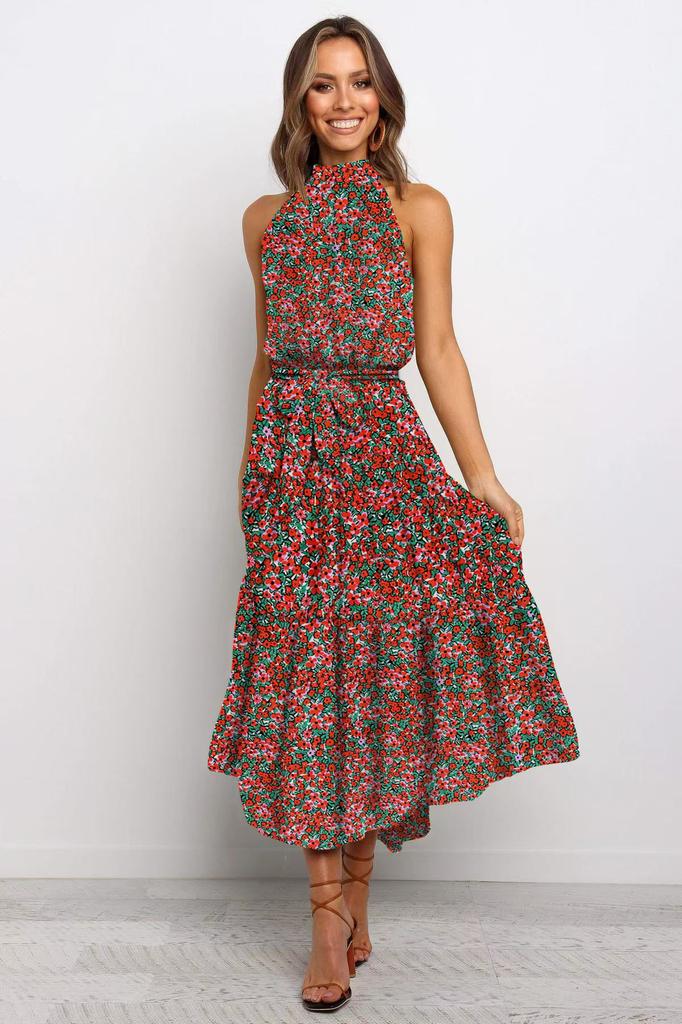 Women's long dress popular new neck polka dot printing lace-up dress