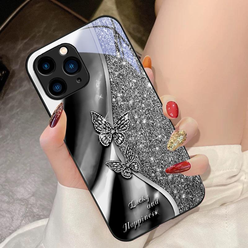 Goldener Schmetterling für iPhone 16 Pro Max 15 Pro 14 13 12 Mini 11 XS Max XR 7 8 Plus SE 2022 Gehärtetes Glas Handyhülle